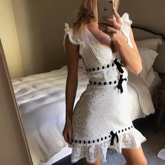 NWT For Love & Lemons Bonita Lace Ruffles & Bows Mini Dress in White - Picture 14 of 14